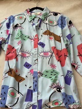 Abstract Eye Print Light Blue Button-Front Blouse